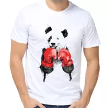Футболка мужская белая панда в перчатках  