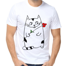 Прикольные парные футболки для двоих влюбленных кот с цветком  