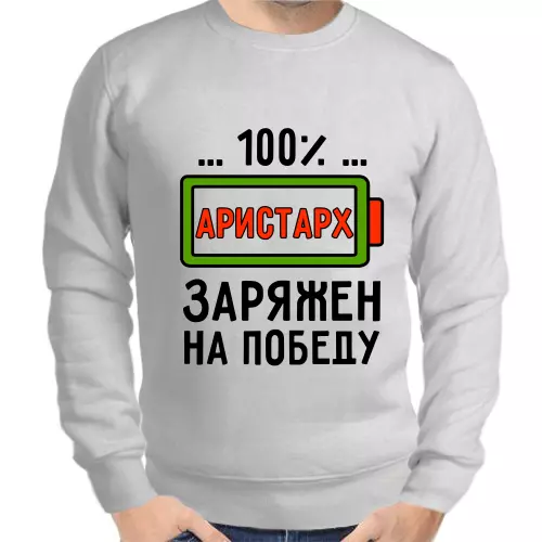 Именные толстовки мужские серые 100% Аристарх заряжен на победу