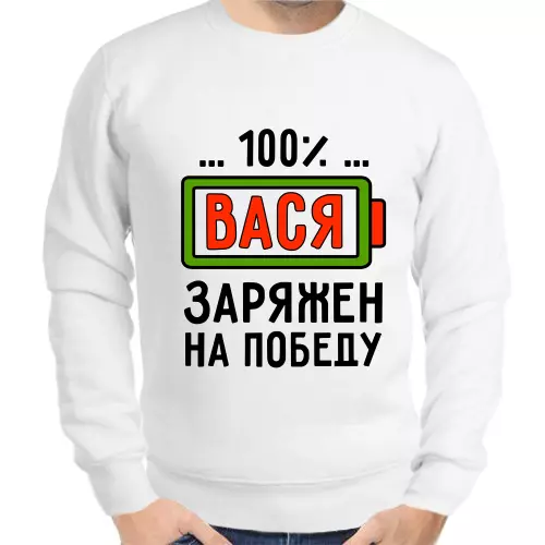 Именные толстовки мужские белые 100% Вася заряжен на победу