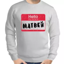 Толстовка мужская серая hello my name is Матвей