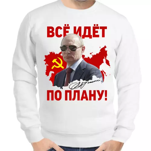 Свитшот мужской белый с Путиным все идет по плану