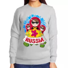 Свитшот женский серый Russia с тремя матрешками